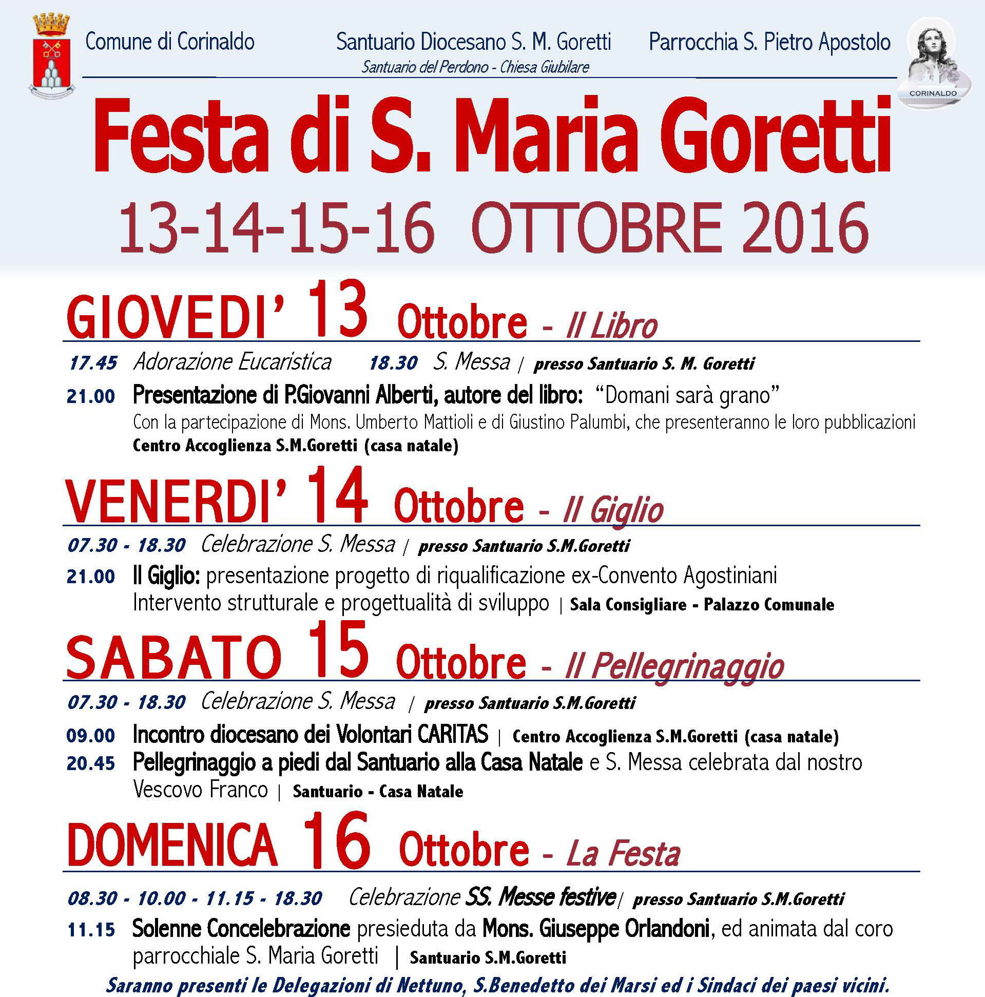 Festa di Santa Maria Goretti dal 13 al 16 ottobre 2016