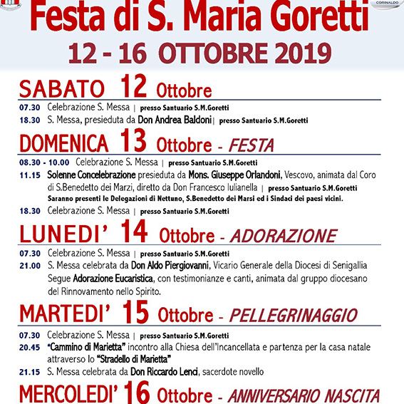 12-16 Ottobre 2019 FESTA DI SANTA MARIA GORETTI