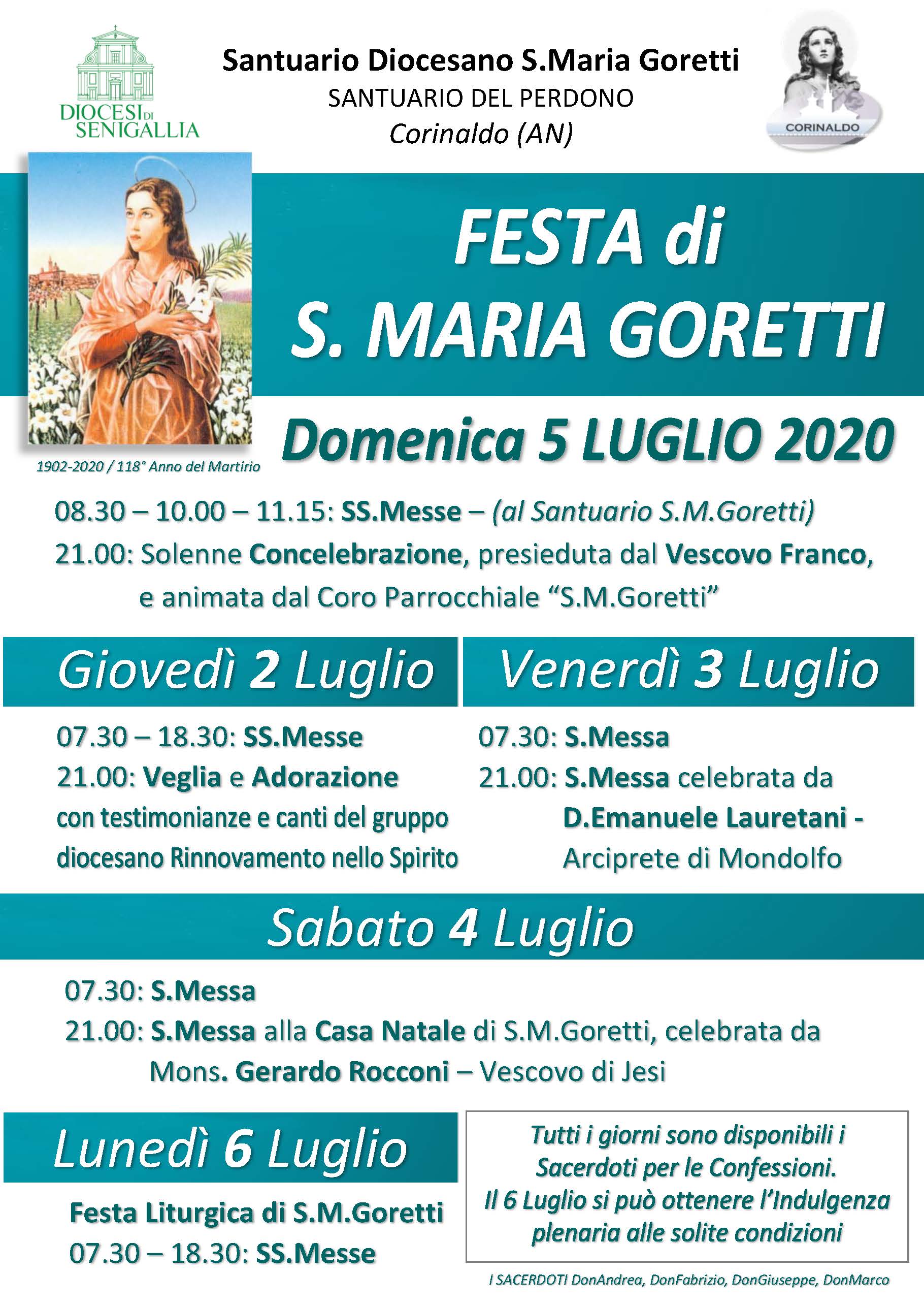 Celebrazioni per S. Maria Goretti dal 2 al 6 luglio 2020