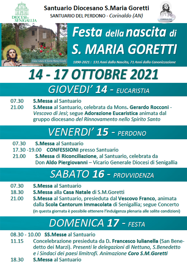14/17 Ottobre 2021 Festa della nascita di S. Maria Goretti